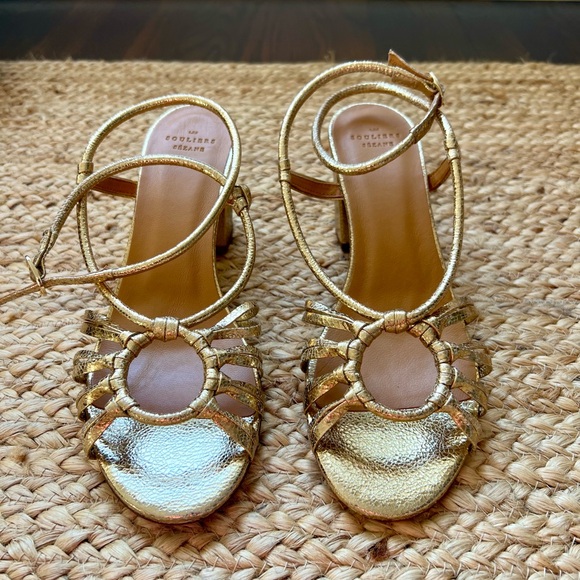 Sezane Shoes - Sezane Gloria Sandals in gold with wedge heel and straps.